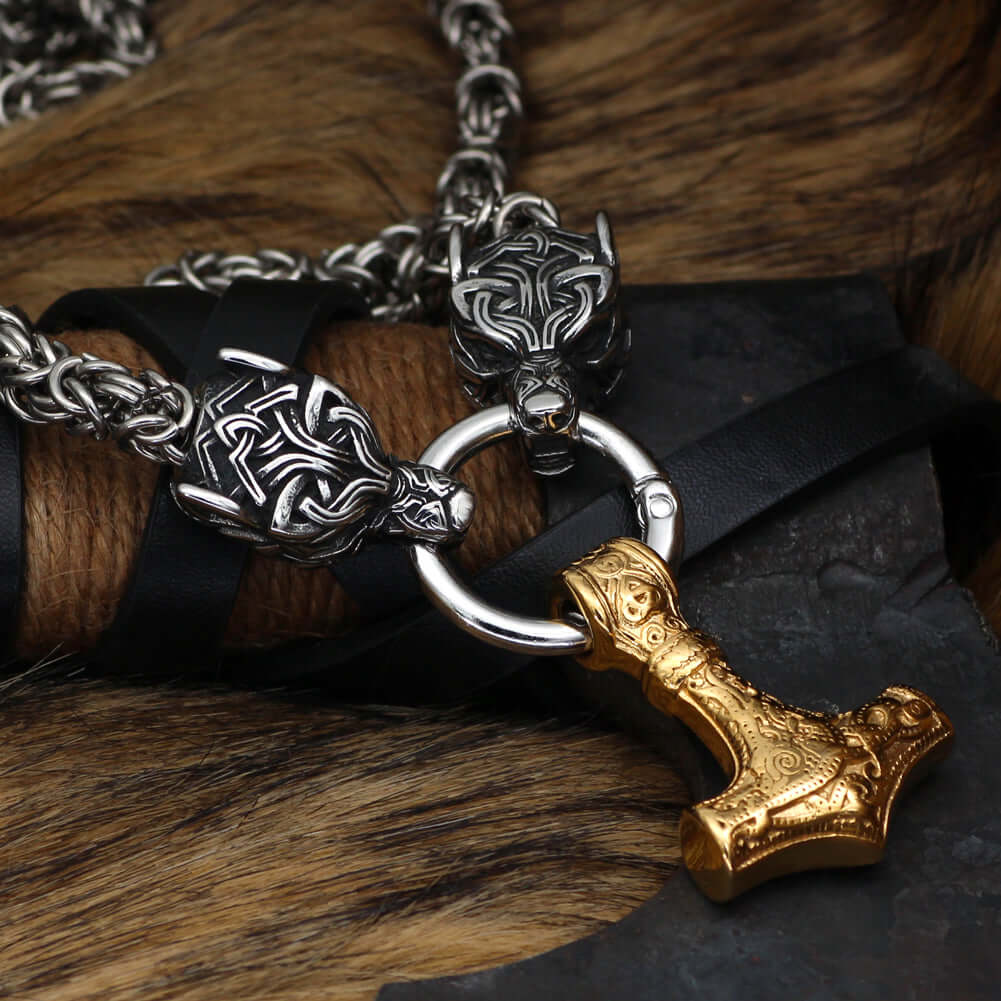 Black Braided King Chain With Twin Wolf Heads & Gold Mjolnir Pendant –  Vikings of Valhalla US